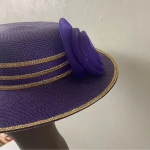 Derby Style Purple Sparkly Metallic Gold Trim Women Church Hat with Bow Accessories | Derby Style Purple Sparkly Metallic Gold Trim  main image 3